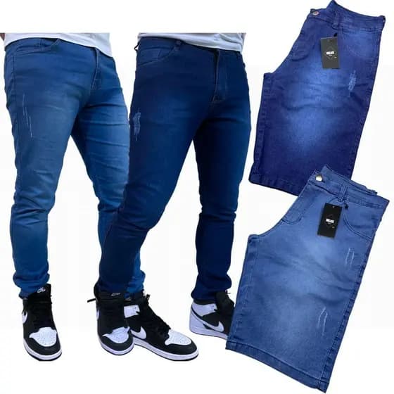 Kit Com 2 Calças Jeans Masculina e 2 Bermudas Jeans Masculina Denim Trabalho e Passeio