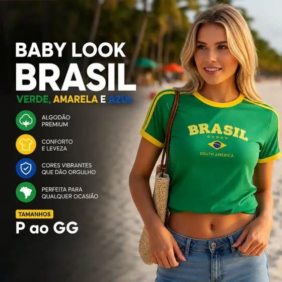 Camiseta Baby Look Brasil Feminina Algodão Estampa DTF – Verde, Amarelo e Azul | P ao GG