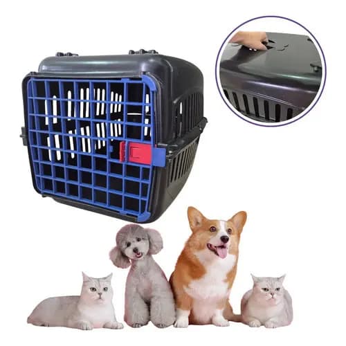 Caixa De Transporte Para Cães Gato Coelho Porte Medio N3 Preto Com Azul
