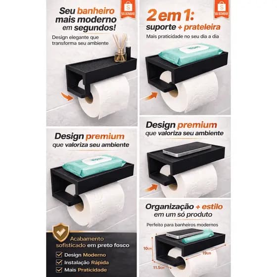 Porta Papel Higiênico com Suporte para lenço umedecido e celular| Preto | Banheiro Moderno