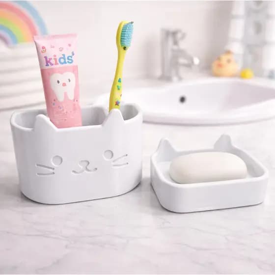 Kit Infantil Porta-Escova + Saboneteira Gatinho de Banheiro Infantil Decorativo e organizado