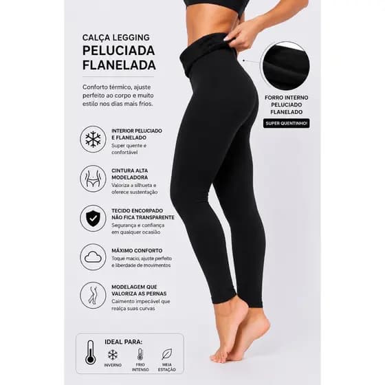 Calça Legging Feminina Flanelada Térmica Peluciada Grossa Cintura Alta Dupla