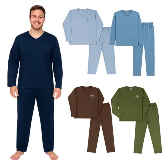 Pijama Longo Adulto Masculino Manga Comprida Bordado Sortido P ao GG