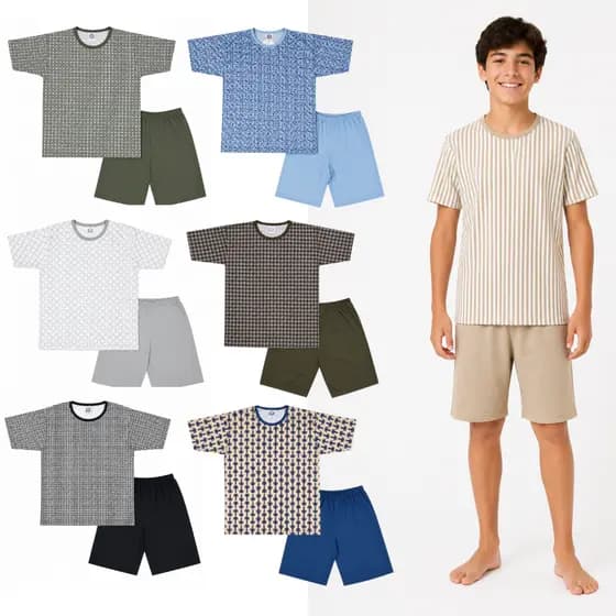 Kit 3 Pijama Verão Juvenil Masculino Manga Curta Estampa Sortida 10 ao 16