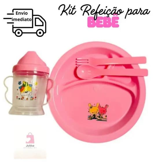 Kit Refeição Para Bebê Completo Prato 3 Divisórias Copo Bico Transição Colher + Garfo Kit Para Menino e Menina