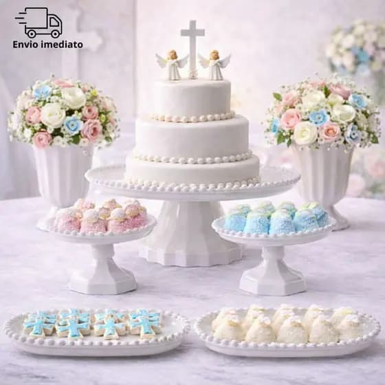 Kit Para Festa Branco com 7 Peças Mesa Decorativa Boleiras Bandejas Vasos Elegante e Reutilizável