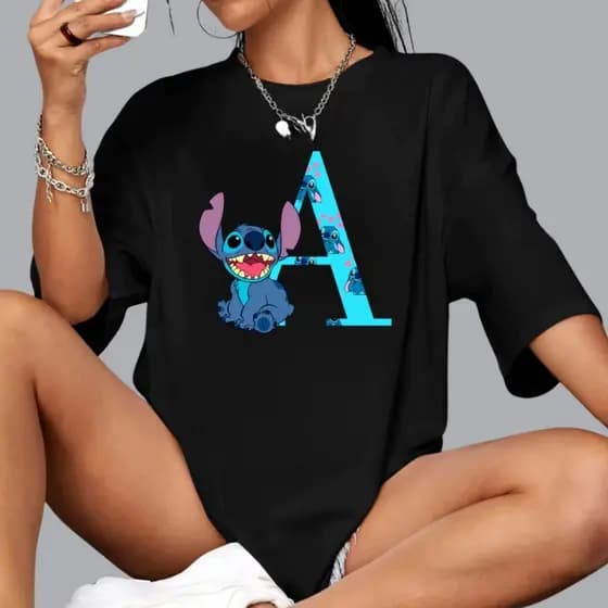 Camiseta Feminina Treino 100% Algodão Estampa Lille Stitch Alfabeto Casual Street Academia