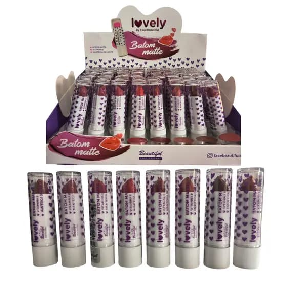 Kit C/8 Batons Matte Lovely Face Beautiful Com Vitamina E - Longa Duração - Hidratante