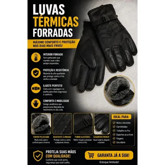 Luva Térmica Forrada Masculina Feminina Inverno Impermeável Moto Frio Preto