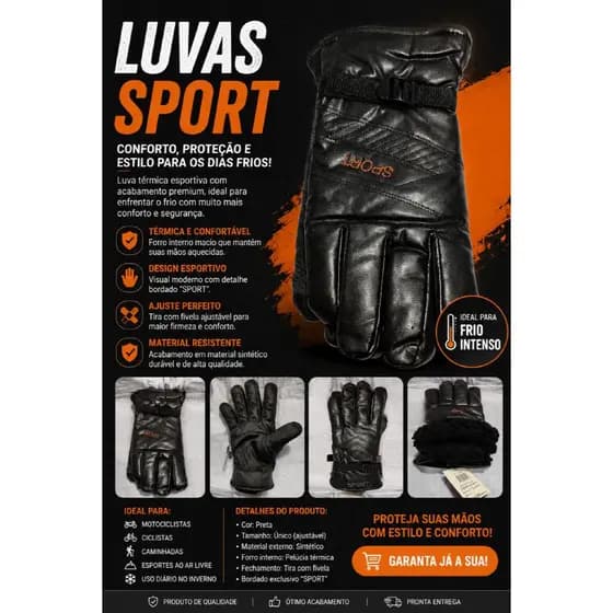 Luva Térmica Sport Masculina Inverno Frio Intenso Moto Bike Peluciada Ajustável Preta
