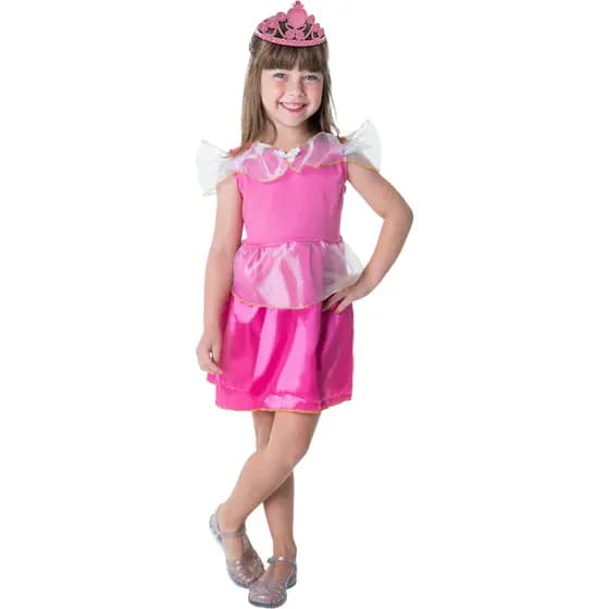 Fantasia Infantil Princesa Kit Rosa Pink Com Coroa Aniversário Festa Carnaval 3 a 14 Anos