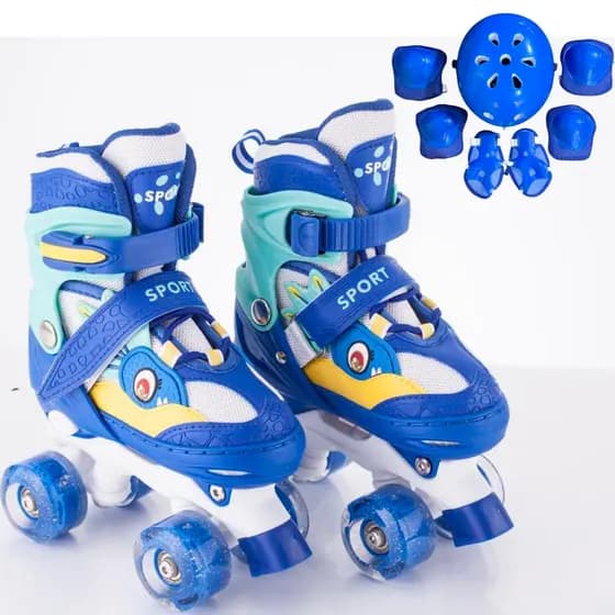 Patins Quad Criança Meninos Ajustável Azul Dinossaur Patins De 4 Rodas Infantil Com Led Promoção