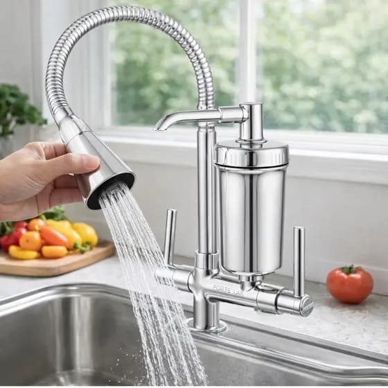 Torneira com Filtro Gourmet de Cozinha Tubo Cromado Flexível 2 Jatos Bancada Pia Cone Forte Lar