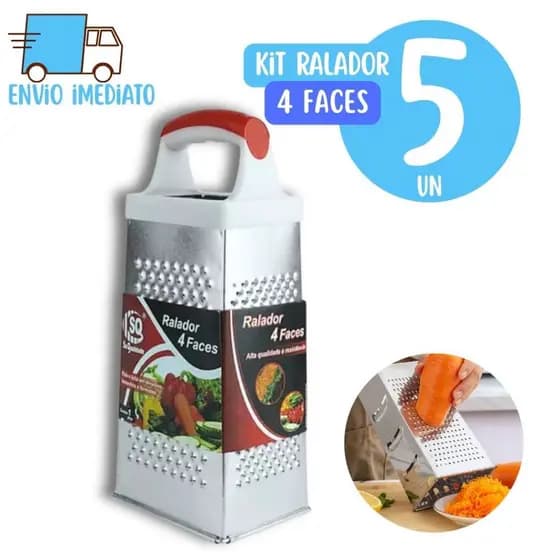 Kit 5 Raladores de Legumes e Queijos 4 Faces Aço Inox e Cabo em Plástico para Casa, Cozinha, Restaurante, Buffet