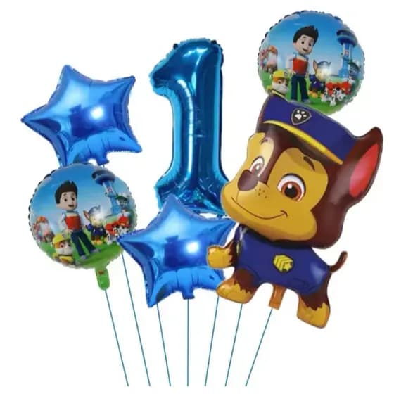 Kit 6 Balão Metalizado Chase Patrulha Canina Corpo Estrela Números Azul 40cm