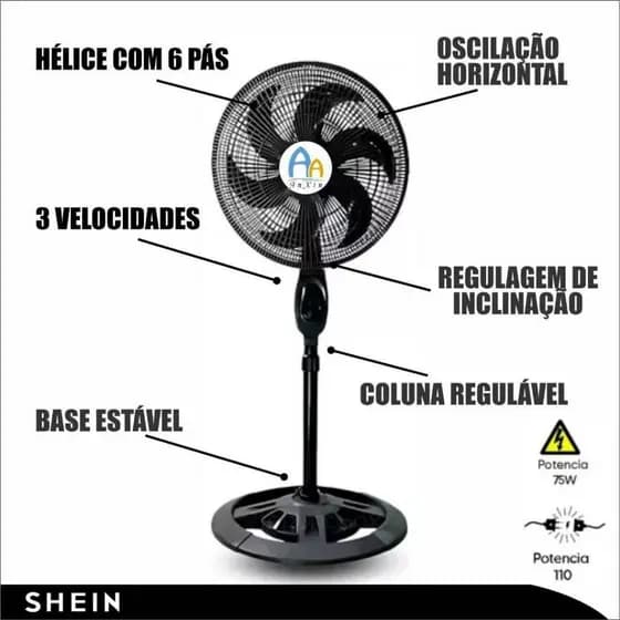 Ventilador de Coluna Preto 110V/220V c/ 3 Velocidades e Altura Ajustável - 6 Pás Potente