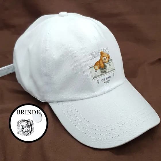 Boné Urso Retro Branco Basebol Ny New York Aba Curva Masculino e Feminino Regulagem Fitão