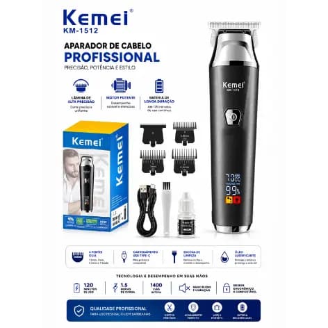 Máquina de Cortar Cabelo e Acabamento Sem Fio Kemei KM-1512 Cortador de Cabelo e Barbear Bivolt
