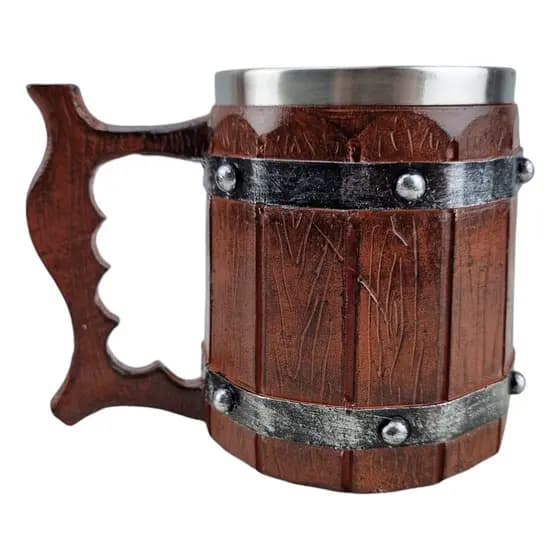 Caneca Medieval Artesanal Barril Geek 3D em Resina Copo em Aço Inox Grande Térmico Chopp Cerveja Presente 400ml