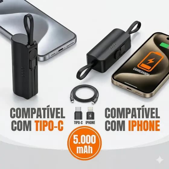 Power Bank 5000mAh Alta Capacidade 2 em 1 Sem Fio, Carregador Portátil Compatível com iPhone e Tipo-C