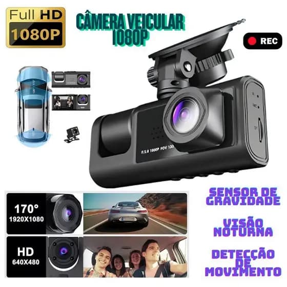 Câmera Veicular 3 Lentes 1080P com Visão Noturna, Sensor G, Gravação em Loop e Tela LCD