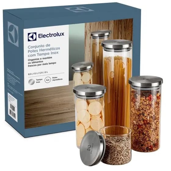 Potes Herméticos Electrolux de Vidro Porta-Mantimentos com Tampa Inox 4 Unidades