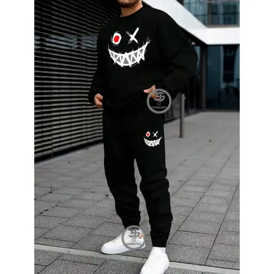 Conjunto de moletom Smiley desenhos Gola redonda moda casual solto moletom masculino e Feminino Blusa + Calça moletom