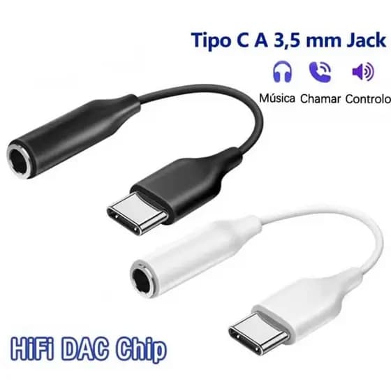 Adaptador Conector Tipo-C Ideal Para Fone De Ouvido Com Chip Dac Entrada P2 Branco Preto