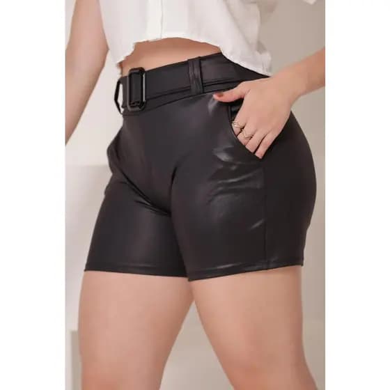 Shorts Cirre Couro Femenino Preto Cinto e Fivela com Bolso Lateral