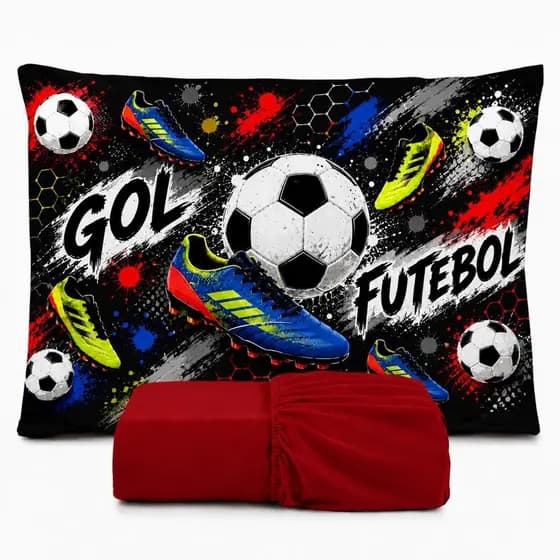 JOGO DE LENÇOL SOLTEIRO INFANTIL FUTEBOL QUARTO MENINO FRONHA TRAVESSEIRO 2 PEÇAS