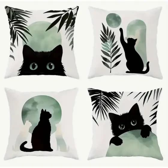 KIT 4 CAPAS DE ALMOFADAS GATO PRETO NA LUA IDEAL PARA DECORAÇÃO TAMANHO 45X45