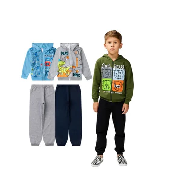 Kit 4 Peças Conjunto Moletom Masculino/Menino Infantil Juvenil - Casaco com Capuz + Zíper e Calça