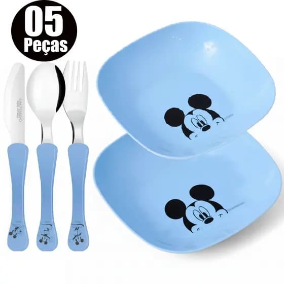 Kit Jogo 5 Peças Pratinho Para Refeição Cumbuca de Plastico Azul e Talheres Infantil Disney Mickey