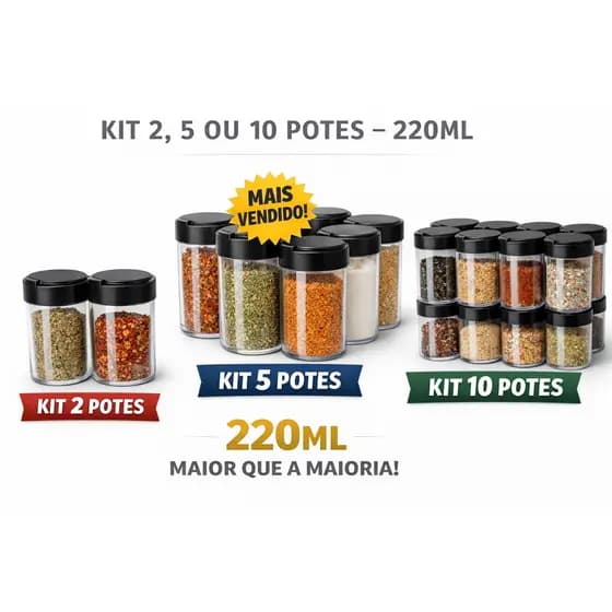 Potes para Temperos 220ml – 2, 5 ou 10 Unidades – Mais Capacidade que o Padrão