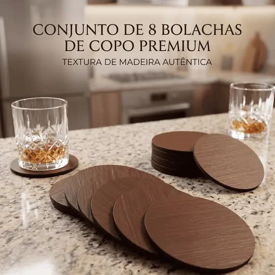 Kit 8 Peças Porta Copos Madeira Descanso De Copo Resistente Premium