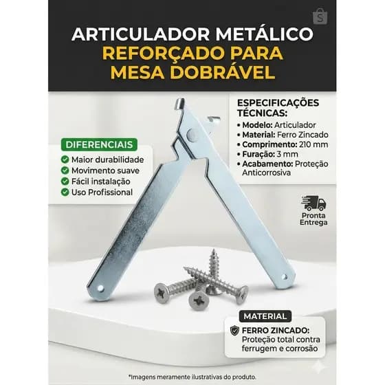 Par de Articulador para Mesa Dobrável Ferro Zincado 210mm | Suporte Retrátil Reforçado | Par ou Unidade