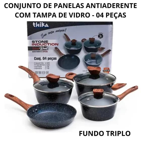 Conjunto Panelas Antiaderente Stone com Tampa de Vidro Fundo Triplo 4 peças Preto Alimento Saldável