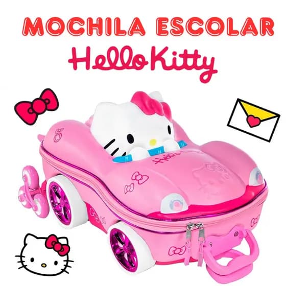 Mala Mochila Escolar Infantil Hello Kitty 3D com Rodinhas Carrinho Viagem Decoração Aventura Rosa