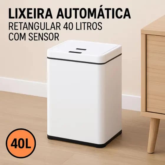 Lixeira Automática Retangular em Aço Inox 40 Litros com Sensor Eletrônico Cores Branca, Preta e Inox