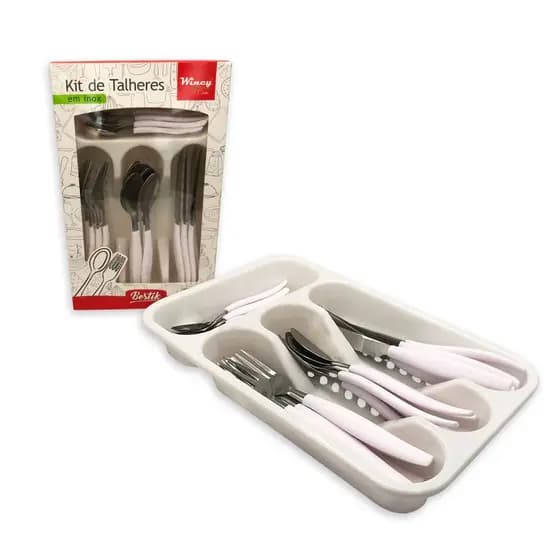 Kit de Qualidade de Talheres em Aço Inox 25 Peças – Branco Prático Asseado Organização da Cozinha