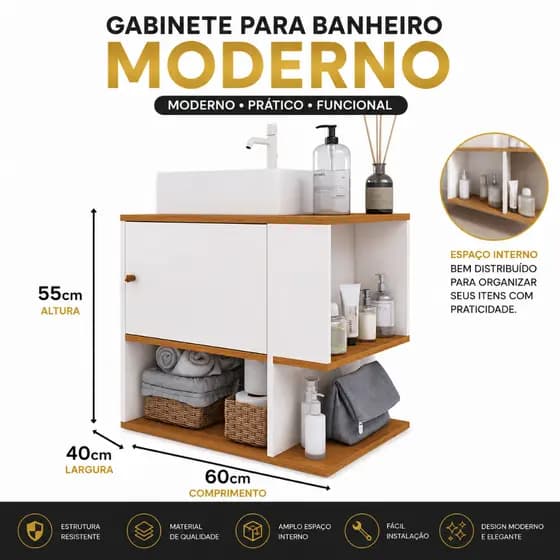 Gabinete De Banheiro Armario 60cm Moderno Para Banheiro Cor OffWhite Com Freijo -CASA LGM