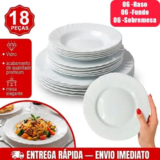 Kit jogo de 18 Pratos vidro branco opaline temperado sendo: 6 fundo + 6 Raso + Sobremesa
