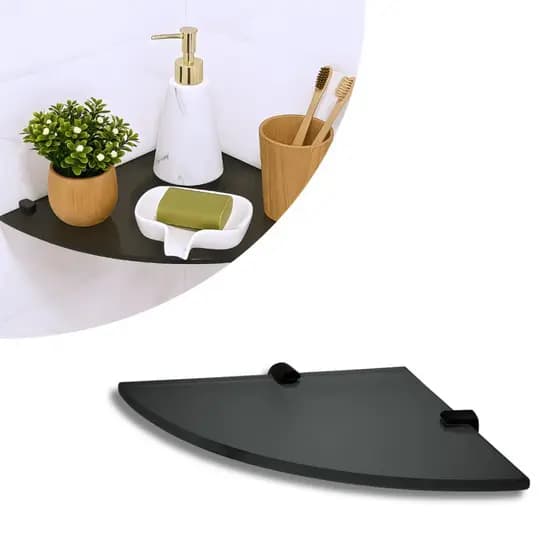 Prateleira de Vidro Porta Objetos 30cm Vidro Fumê com Fixação Dupla Preta de Parede Multiuso Porta Shampoo Canto