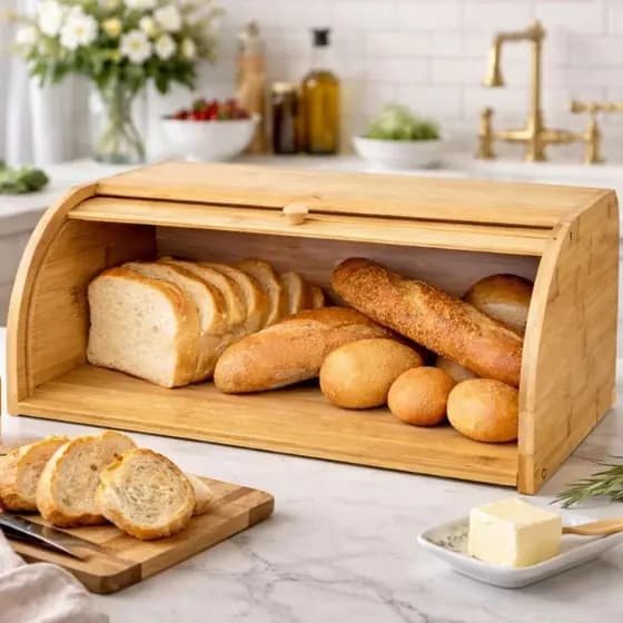 Porta Pão Bambu Com Tampa Retrátil Perfeita Para Armazenar Pães Bolachas Resistente