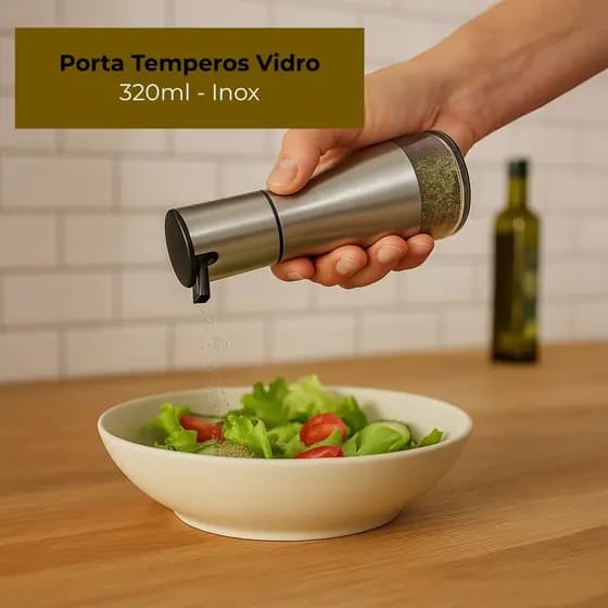 Porta Temperos de Vidro 320ml com Tampa Inox e Bico Dosador Retrátil