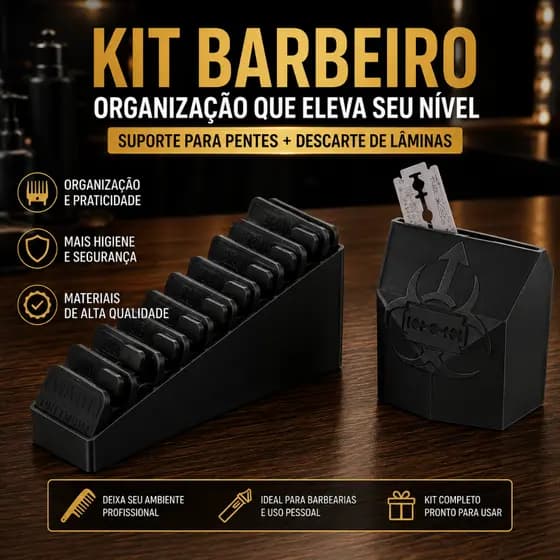 Kit Porta Pentes Máquina Barbeiro + Suporte Descarte de Lâminas Navalha Profissional