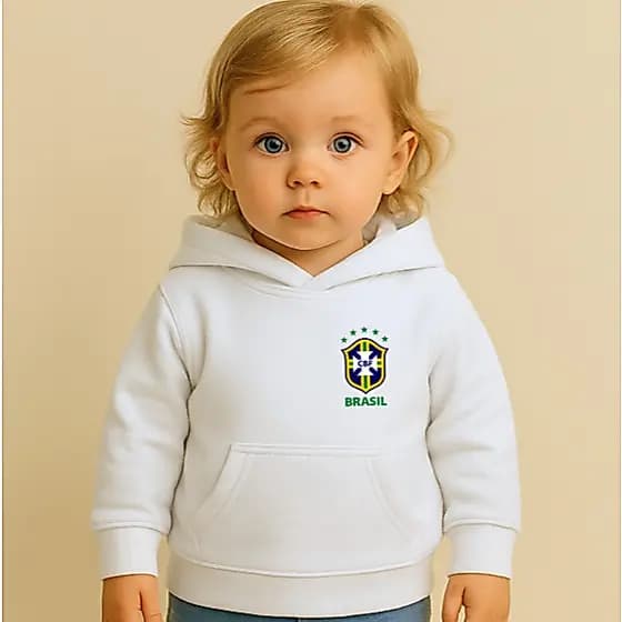 Moletom Canguru Infantil Estampa Brasil Escudo 1002 Copa do Mundo Futebol Verde e Amarelo Torcida