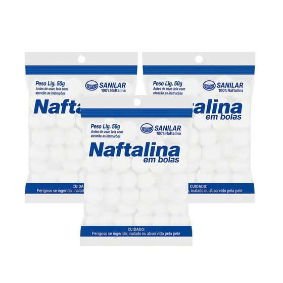 Kit 3 Und Naftalina Pura Em Bolas Sanilar 50g Anti Insetos Traças Baratas P/ Armário Evita Mofo
