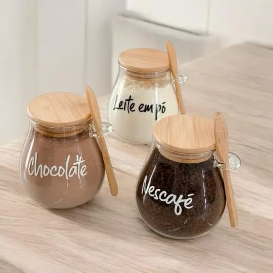 POTE HERMETICO COM TAMPA E COLHER DE BAMBU PERSONALIZADO 410 ML PERSONALIZADO AÇUCAREIRO SALEIRO