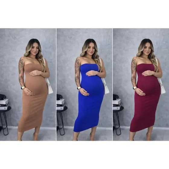 Vestido Midi Gestante Tomara Que Caia Anarruga Canelado Tubinho Justo Confortável